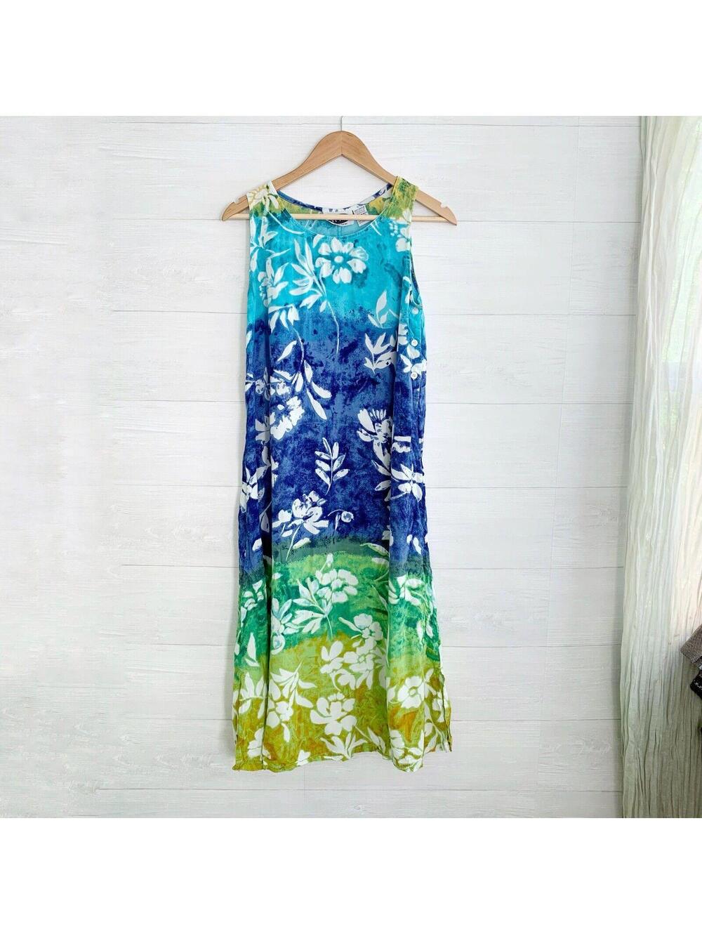 MTB Meant to Be Tropical Floral Rayon Midi Dress S Blue Green Sleeveless